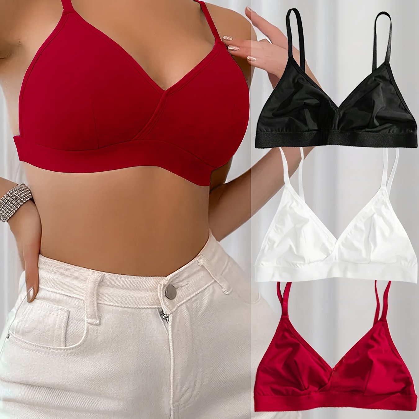 3 Triangle V Neck Plain Bras, Comfortable Breathable Wireless Spaghetti Strap Bras for Everyday Wear, Women's Lingerie & Underwear