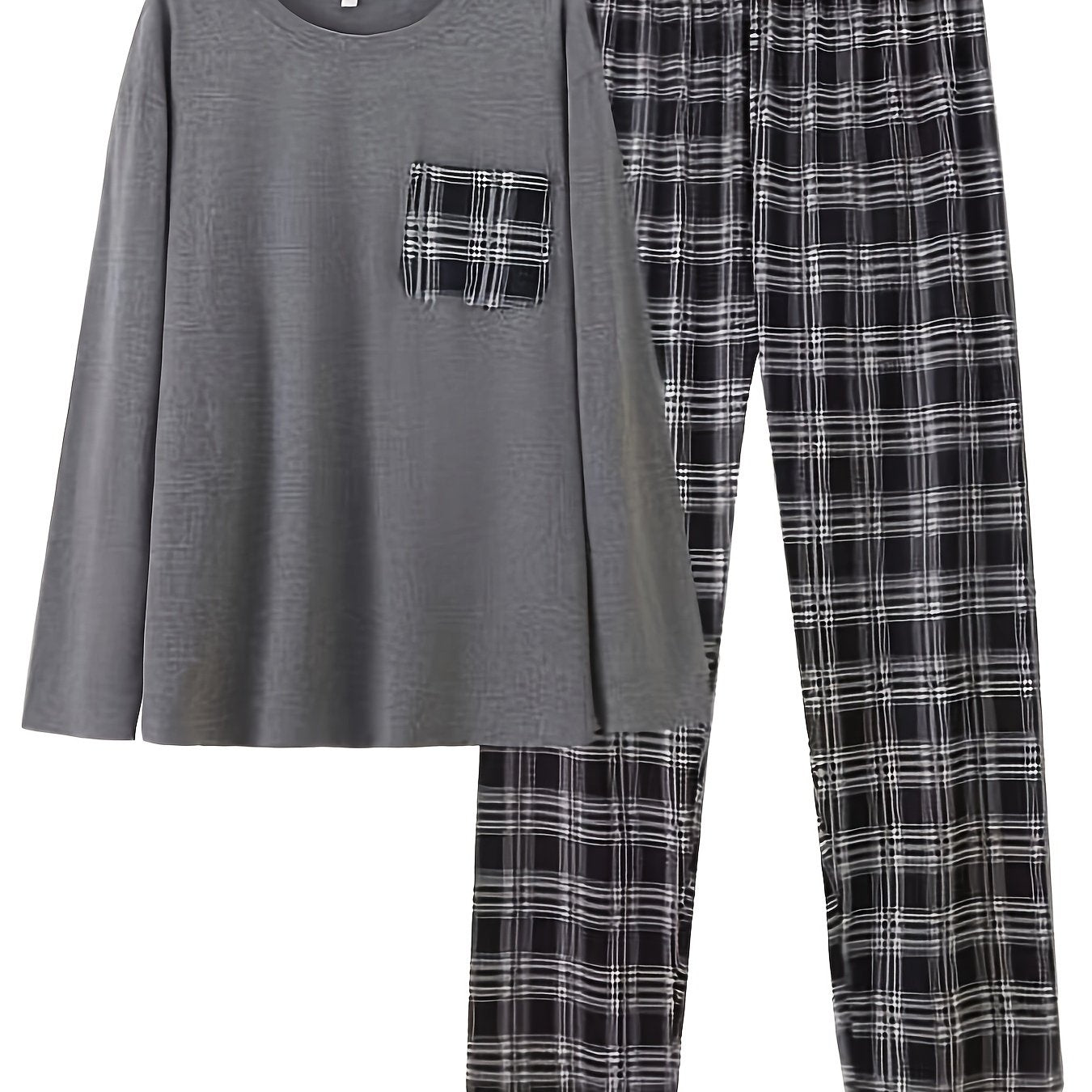 Men's casual sleepwear set with a long sleeve crew neck top and loose fit plaid pants. Made of 95% polyester and 5% spandex, features all-season knit fabric and heat transfer printed