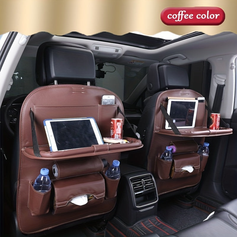 Car back seat organizer with storage pockets, kick mats, seat protectors, tissue box, cup holder, laptop table, and eating tray for parking use only.