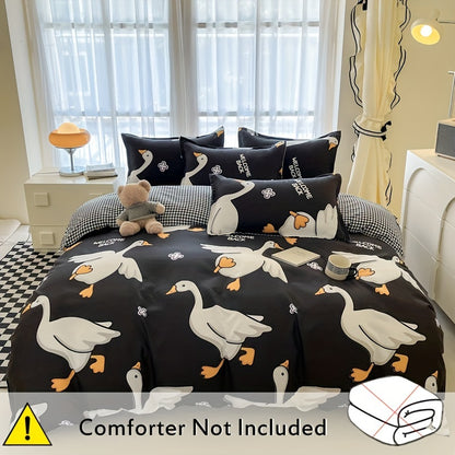 4-piece Black Swan Bedding Set: Soft, Skin-Friendly, Includes Duvet Cover, Flat Sheet, and 2 Pillowcases, Suitable for All Seasons.