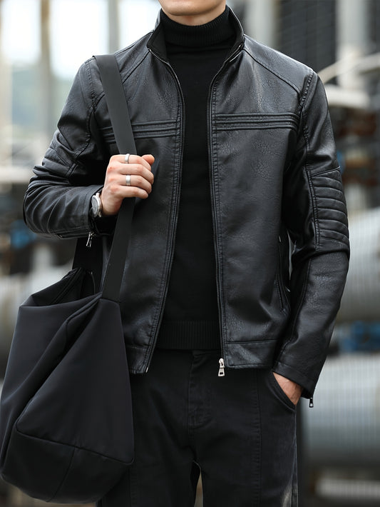 Men's Black PU Leather Jacket with Zip-Up, Multiple Pockets, Glossy Finish; Great for Casual Wear & Outdoor Activities.