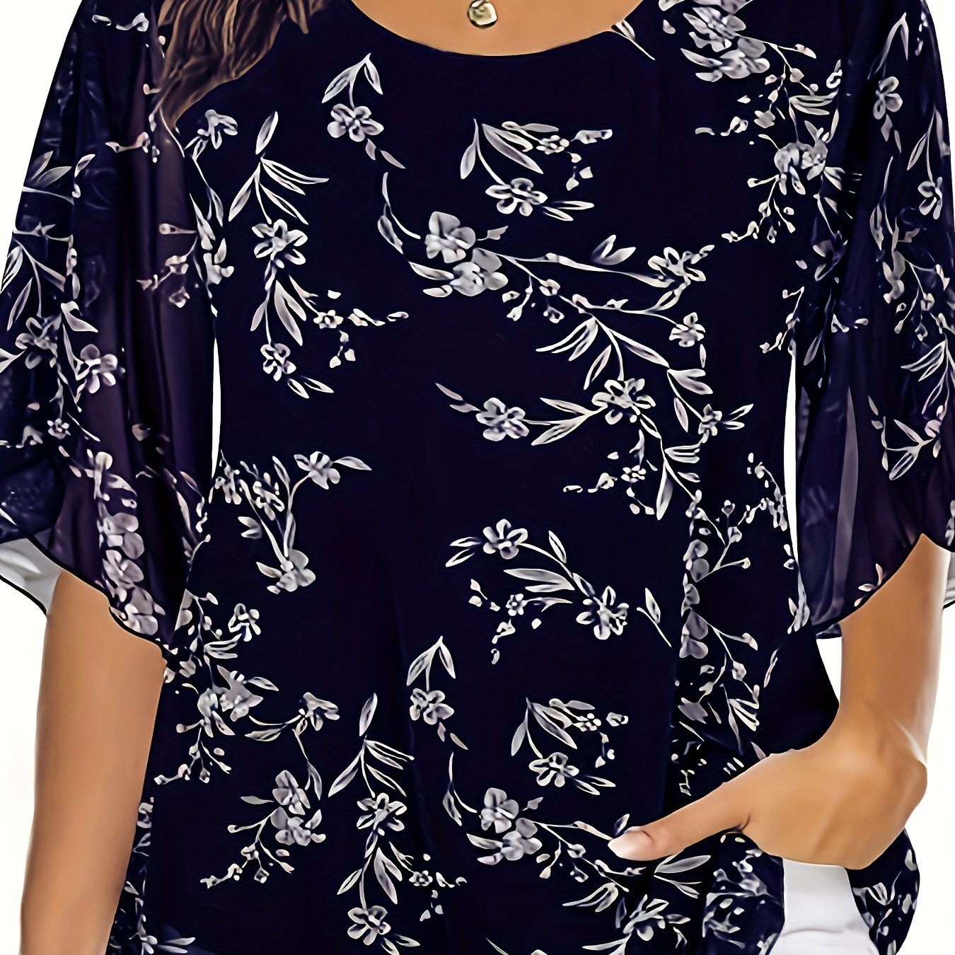 Chic black floral chiffon blouse with ruffle sleeves for summer, machine washable and semi-sheer.