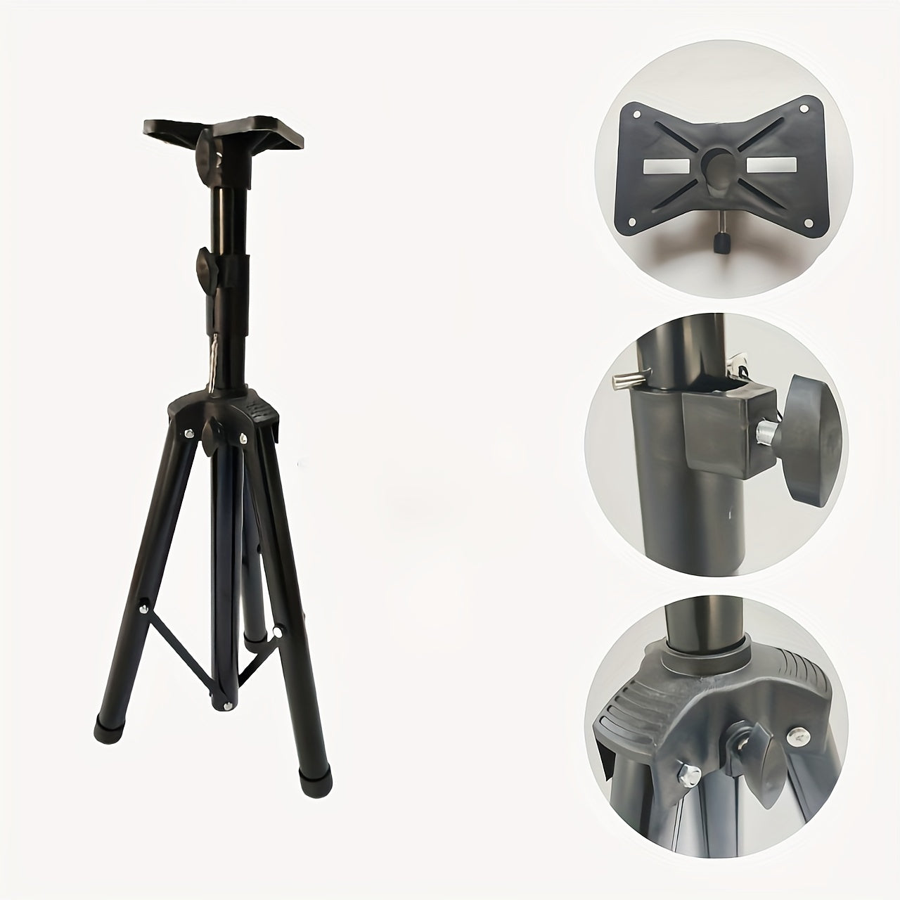 Height-adjustable iron stand for speakers, projectors, and flashlights, suitable for TVs and audio equipment.