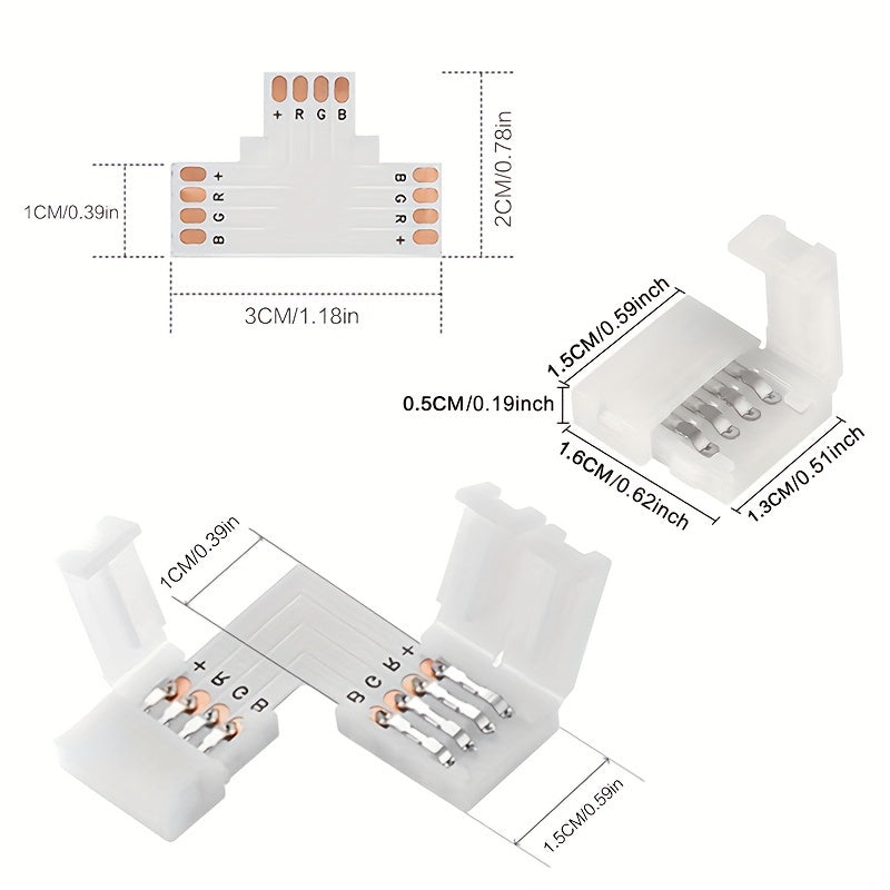 10mm LED strip lights with various shapes and connectors, including a wireless no-welding option and a terminal extension.