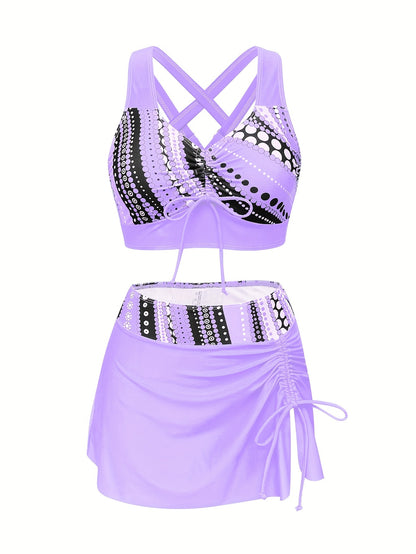 3-piece women's swimsuit set with fashionable bikini and skirt, featuring adjustable top and side drawstring skirt