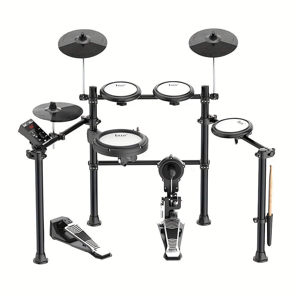 IRIN ND-16 Electronic Drum Set with Silicone Mesh includes 5 drums, 3 cymbals, bass drum, stool, headphones, power adapter, and installation guide. Hardwired with 36V or lower voltage.