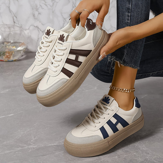 Women's Colorblock Trendy Sneakers with Lace Up Soft Sole Platform Skate Shoes.