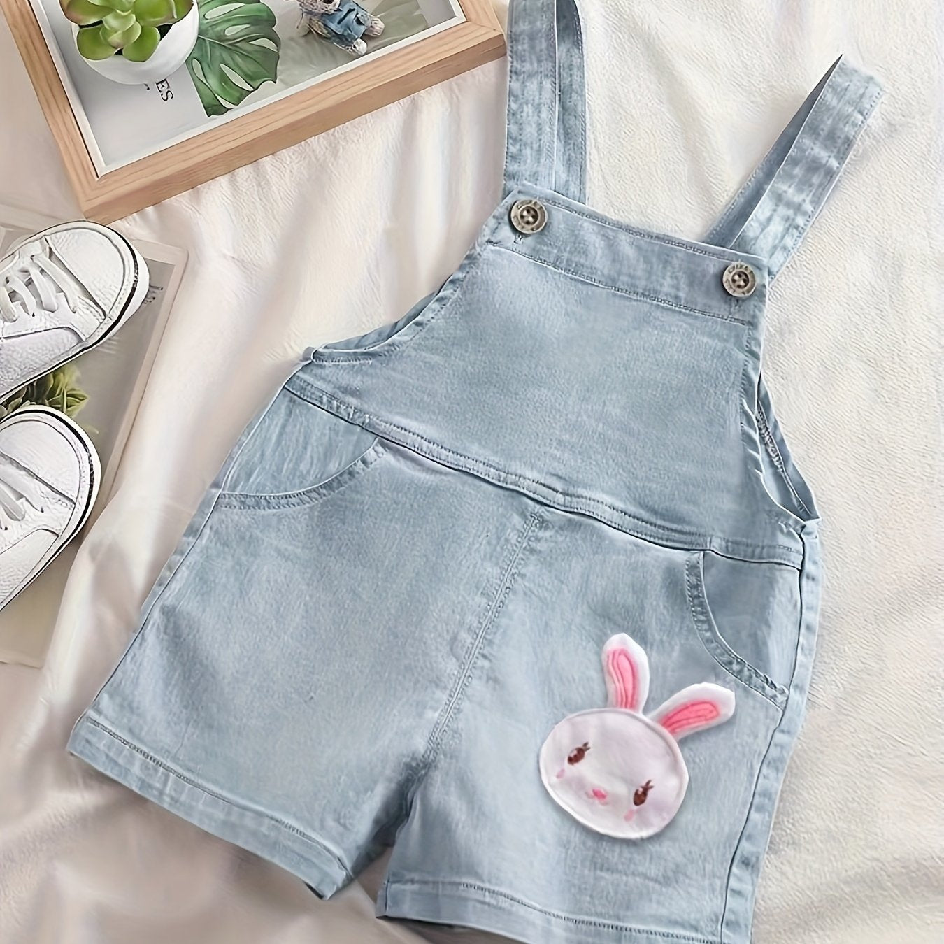 Cute rabbit patched denim jumpsuit for baby girls, perfect for summer.