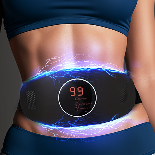 Rechargeable waist massager with vibration and elastic belt, USB charging included.