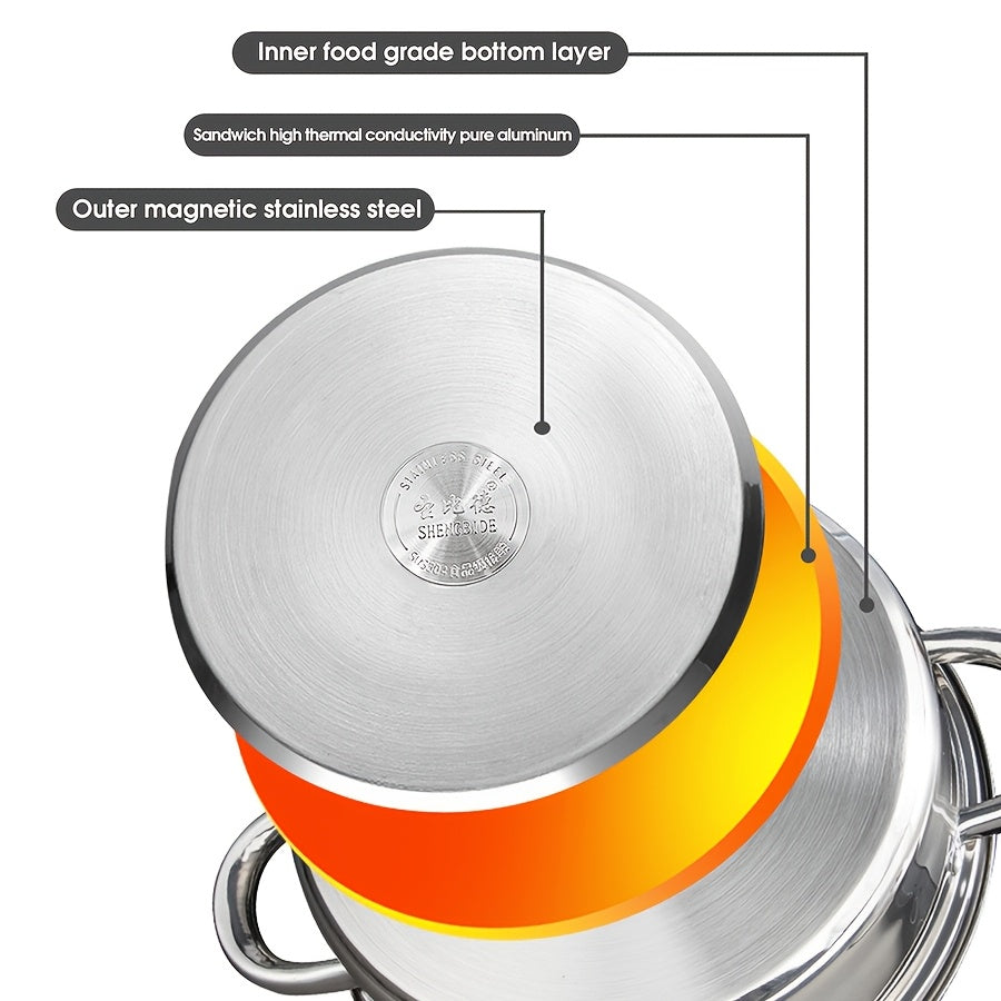 One-piece Stainless Steel Cooking Pot with Lid, featuring a 304 Dual Handle design for easy handling. Compatible with all stove types, this multipurpose hot pot offers a large capacity perfect for cooking soups, noodles, pasta, and seafood broth.