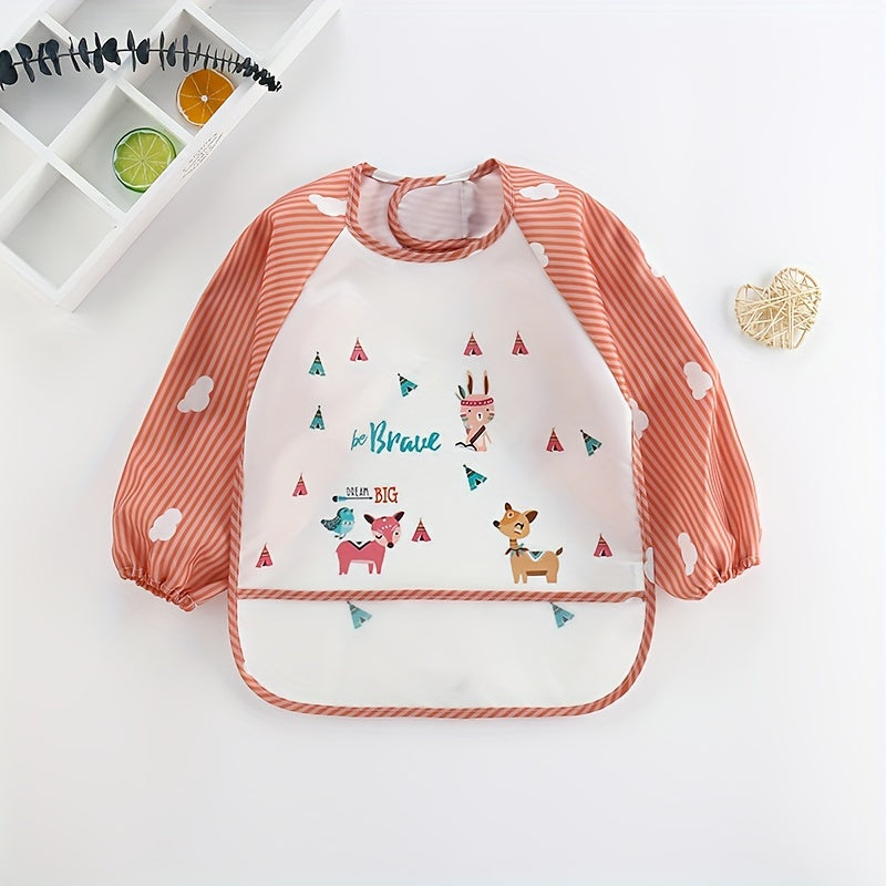 Long-sleeved Waterproof Feeding Bib with Adorable Cartoon Design, Reversible Wear Option.