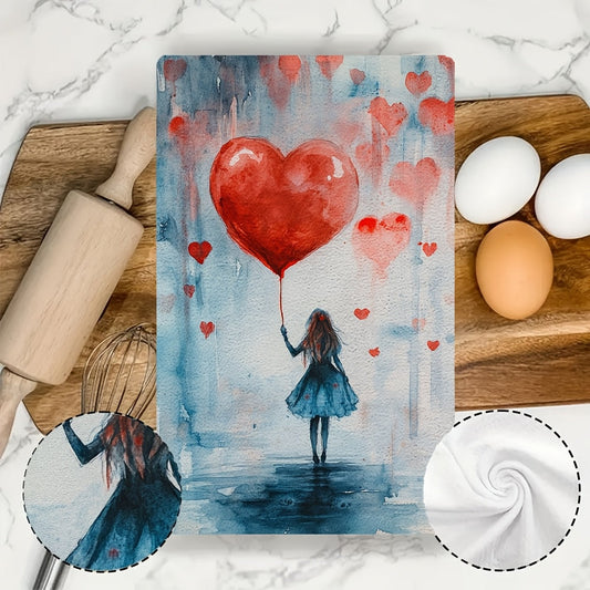 2 Romantic Heart Balloon Kitchen Towels - Made with Ultra Soft and Highly Absorbent Polyester Material, 40.64x60.96 cm in size. These machine washable dish hand towels are perfect for Valentine's Day decor and everyday use.