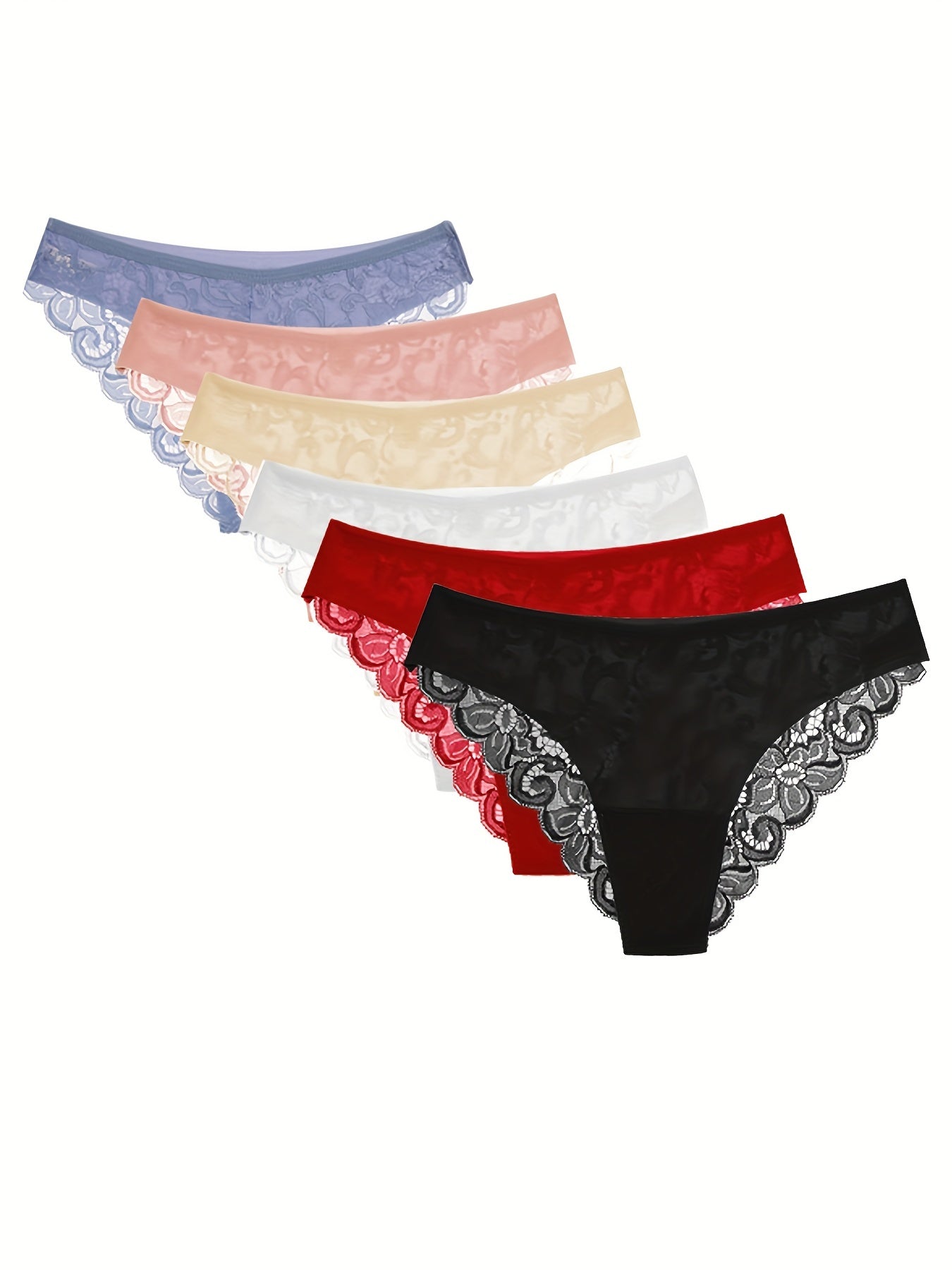 6-piece set of low-rise lace panties for women in various colors, made of breathable nylon with floral lace pattern.