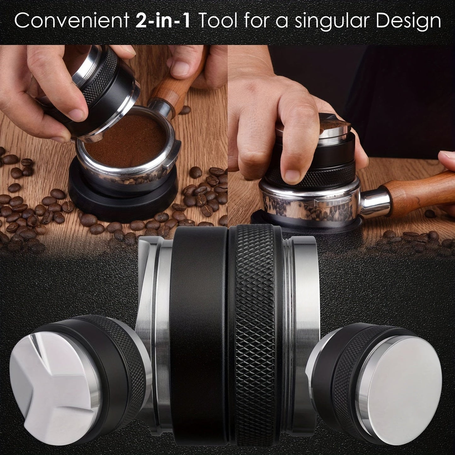 Espresso Tamper with Dual-Head Design and Adjustable Pressure - Includes 51/53/58mm Attachments, Made of Aluminum Alloy - Also Functions as a Coffee Grinder and Distributor for Consistent Ground Distribution - Perfect for Home or Restaurant Settings