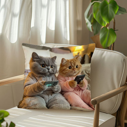 1pc Playful Cats with Phones Cushion Cover, 45x45cm, Single-Sided Print, Peach Skin Velvet, Contemporary Style, Polyester, Zipper Closure, Machine Washable, Sofa Pillow Case