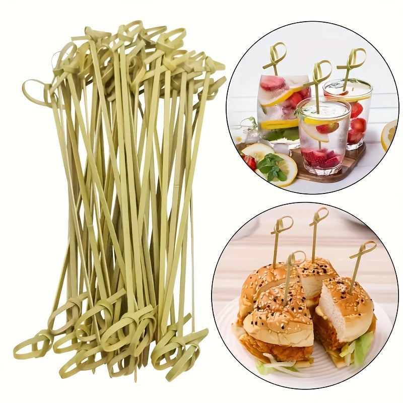 100 pieces of handmade circular bamboo skewers, suitable for use as fruit picks, cocktail picks, and appetizer skewers on a food skewers board.