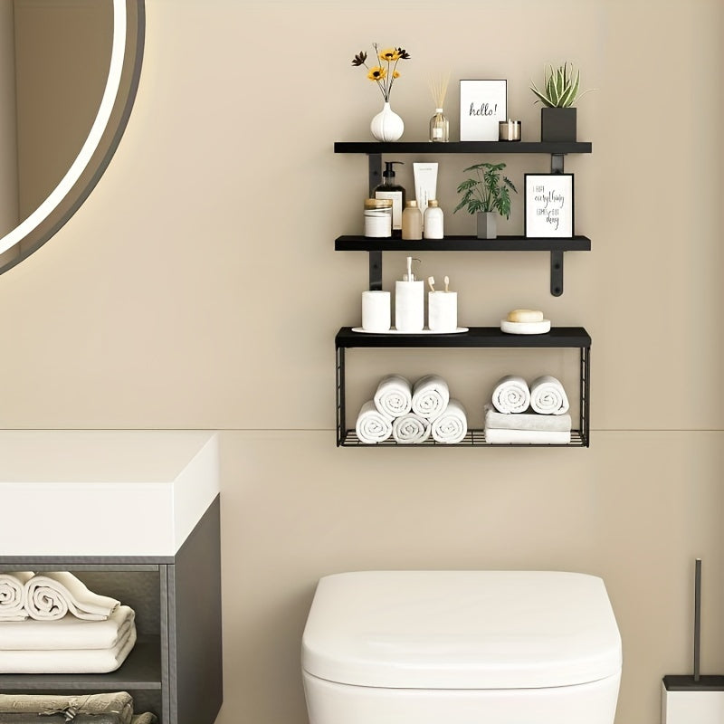 Wooden floating storage rack with paper towel and toilet paper baskets for bathroom organization and country home decor.