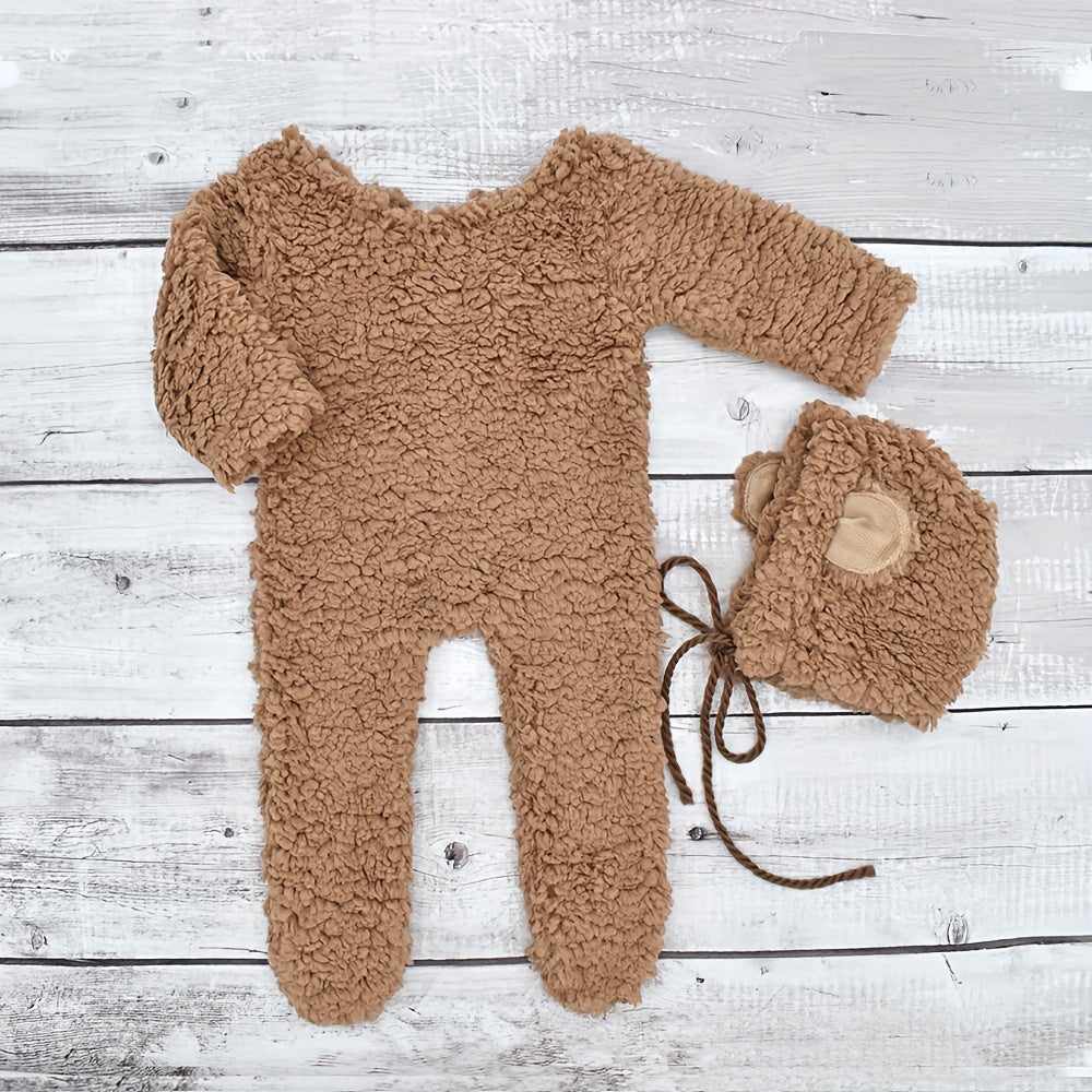 Soft Acrylic Bear Photo Outfit Set for Youngsters with Matching Hat - Choose from Bright Pink, Deep Brown, Grey, or White - Ideal Keepsake for Your Adorable Little One