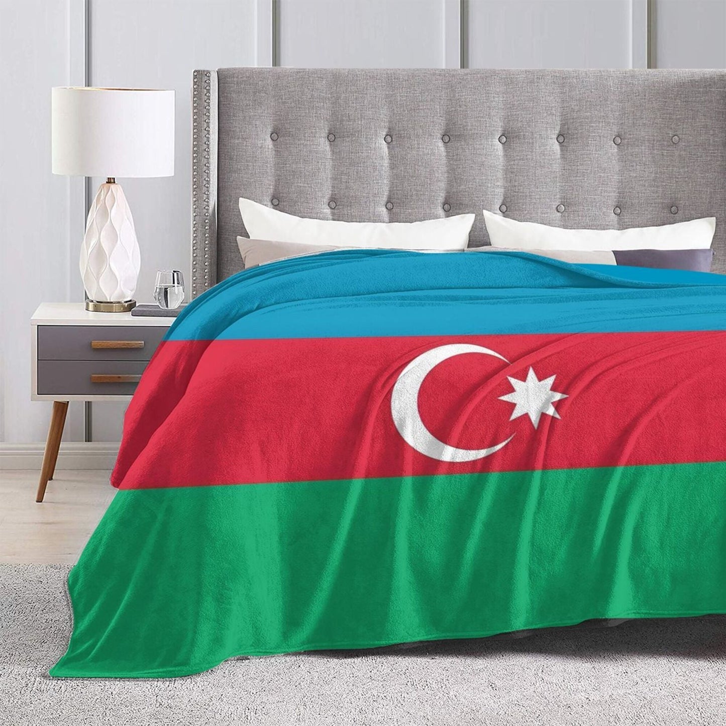 Stay cozy with this Azerbaijan Flag Flannel Throw Blanket! Perfect for all seasons, this blanket features a glamorous style with a digital print of the Azerbaijani flag. Made of non-woven polyester and weighing between 250-300gsm, this blanket is both