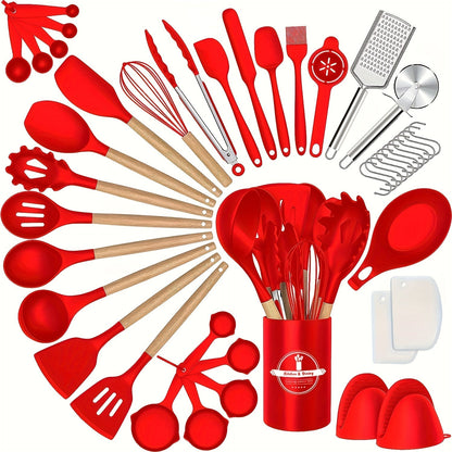 Set of 43 Silicone Cooking Utensils with Wooden Handle - Non-Stick and Heat Resistant Spatula Set for Baking, Cooking, and Mixing. Includes Holder for Best Kitchen Gadgets and Accessories.