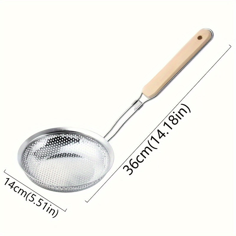 Get this durable Stainless Steel Hand Mixer and Skimmer Spoon Set for all your kitchen needs - perfect for blending eggs, baking ingredients, and preparing sauces. The set also includes a Wooden Handle Fine Mesh Strainer for sifting food, separating oil