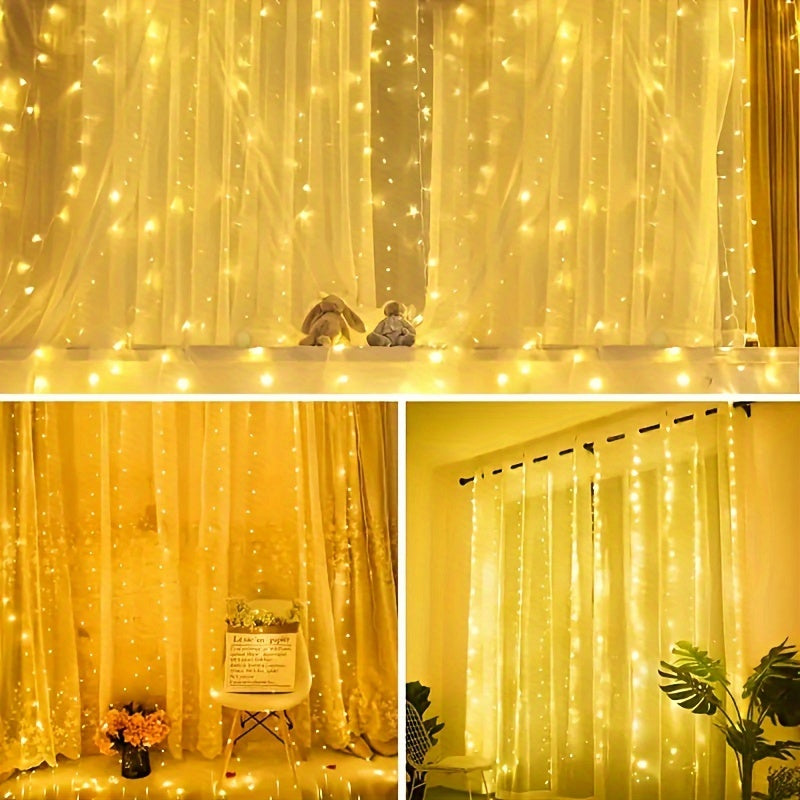 Teenage girl LED curtain string lights with remote control, available in 100/200/300 warm golden LEDs. Perfect for creating a cozy ambiance with a twinkle effect for all occasions. Suitable for indoor and outdoor use. Includes non-rechargeable battery.