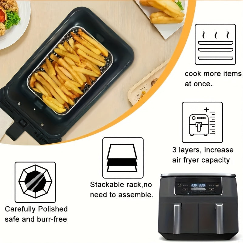 Stainless Steel Air Fryer Accessory Set includes three pieces - Multifunctional Rectangular Rack, Microwave Safe, Stackable, and Non-Stick Coating. Compatible with Most Air Fryers, also includes Air Fryer Liners.