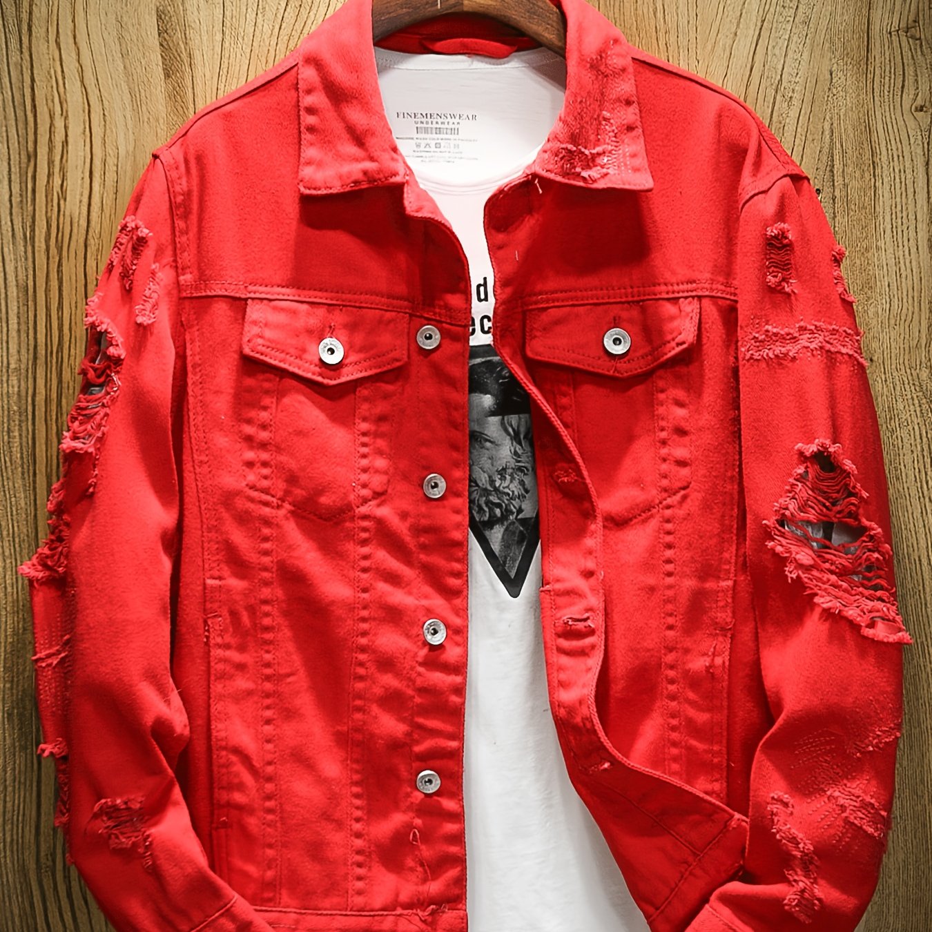 Men's distressed denim jacket - Casual cotton blend with long sleeves, button-up and lapel collar for Spring & Fall.