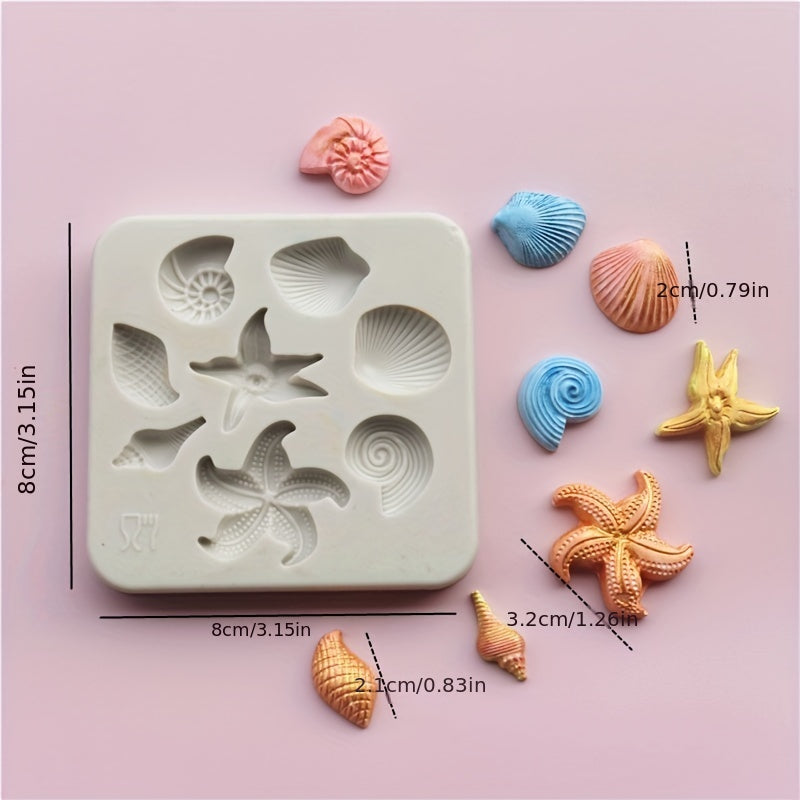 Silicone Mold Set for Chocolate and Fondant Featuring Ocean Designs - Starfish, Seashells, and Conch - Perfect for DIY Cake Decorating and Crafting with Vibrant Sea Life Patterns