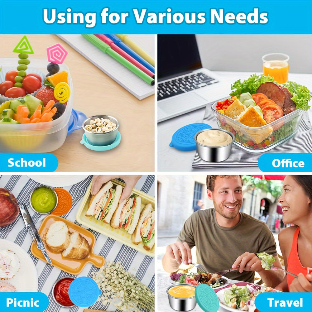 Salad takeout containers with 304 stainless steel sauce cups. Leak-proof silicone lids. Reusable and suitable for lunch boxes, work, school, picnic, and travel. Perfect back-to-school lunch box accessory. Available in 2, 4, or 8 piece sets.