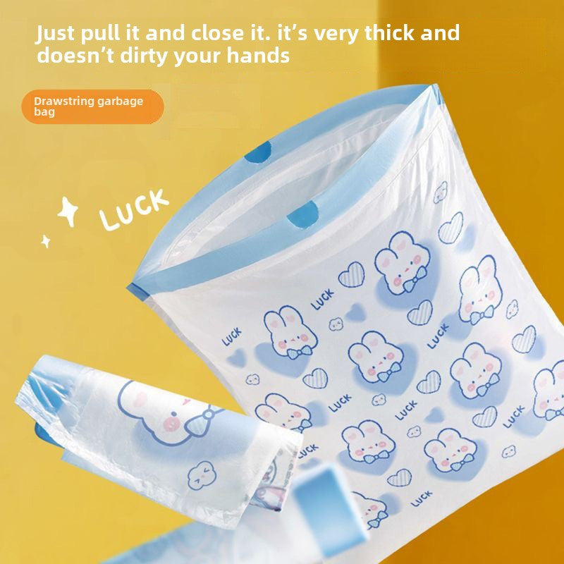 Pack of 100 adorable rabbit print drawstring trash bags, perfect for kitchen use. Made of disposable plastic, these garbage bags are ideal for various household tasks. Featuring a thickened design for durability.