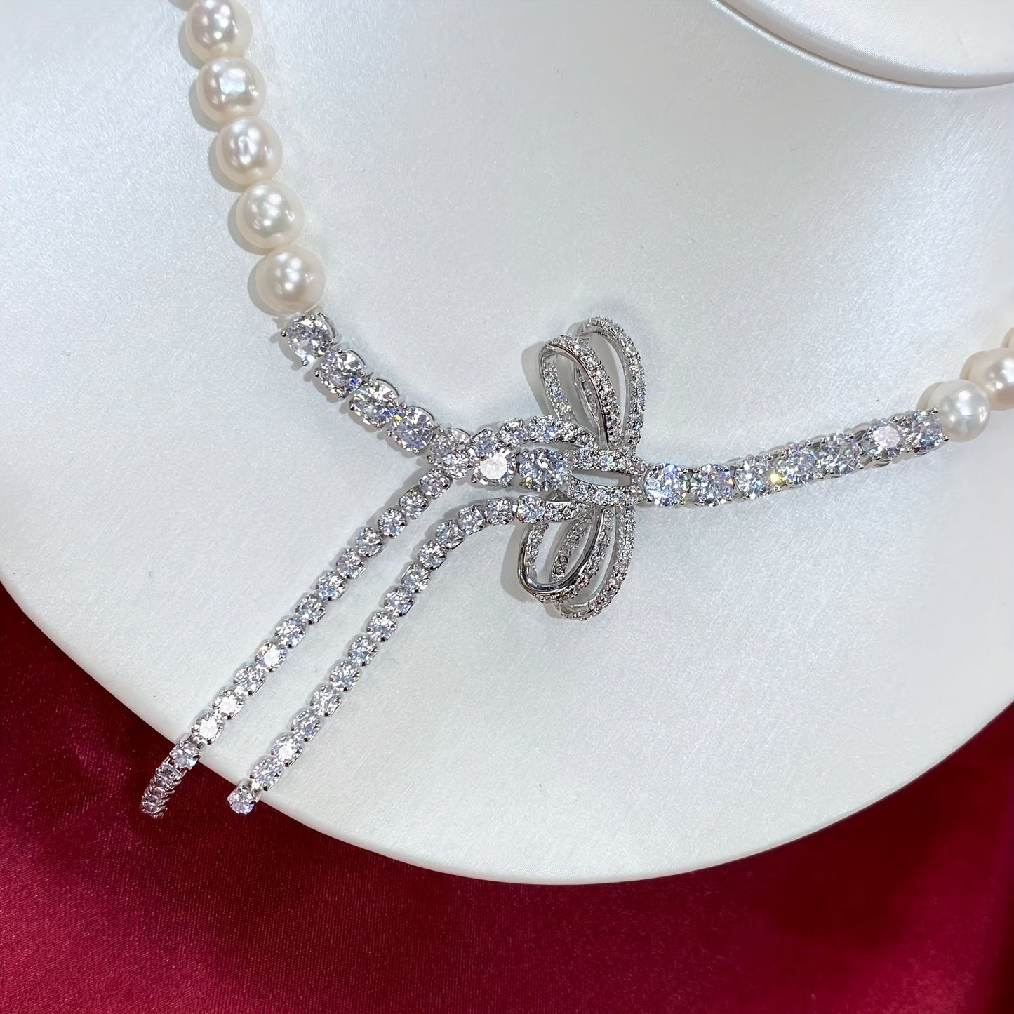 Chic Pearl Necklace adorned with Sparkling Cubic Zirconia Bow - Ideal for Weddings, Mother's Day, and Special Events