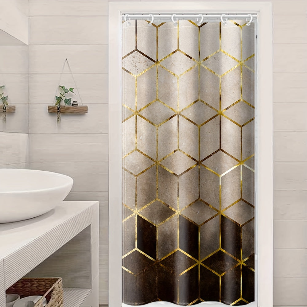 Brown gradient shower curtain with honeycomb plaid print, hooks included. Waterproof fabric for bathroom decor.