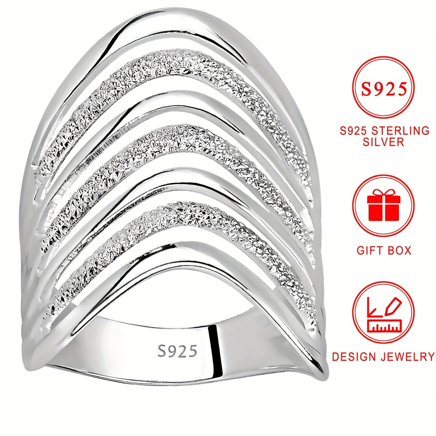 High-quality S925 Sterling Silver Multi-Layer Large Ring, Hypoallergenic and Nickel-Free, Luxurious European and American Style, Perfect for Daily Wear and Parties. Ideal Holiday Gift with Gift Box included, Lightweight at 5g, Low Allergy and Unique.