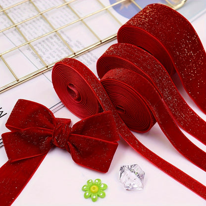 4.57m Red Velvet Ribbon with Glitter Accents - Perfect for Valentine's Day, New Year's, Gift Wrapping, Wreaths, Bow Decorations, and Flower Bouquets.