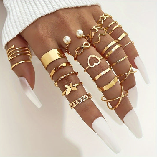 22 trendy stacking rings featuring heart, infinity, butterfly, and chain designs for daily outfits and party accessories for girls.