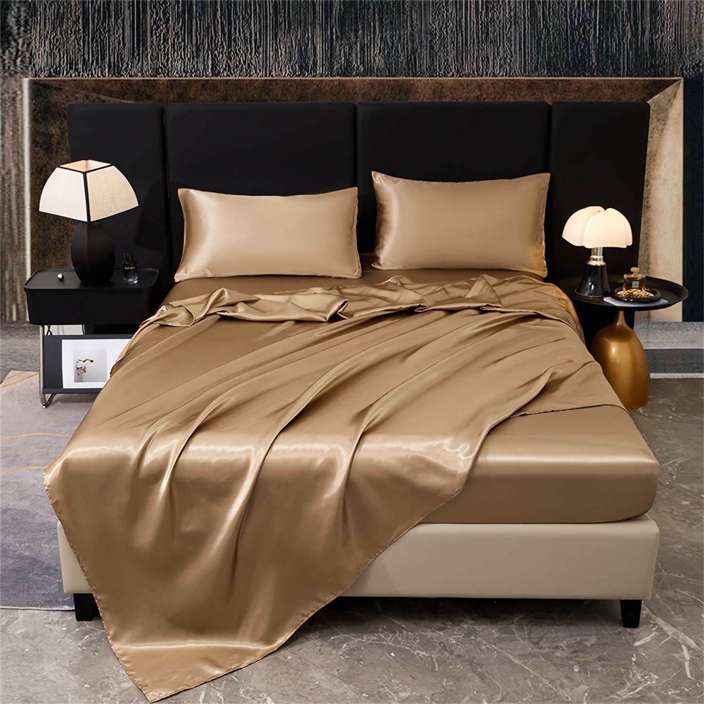 Indulge in the opulence of our 4-piece 80g Light Luxury Silky Satin Bedding Set. This set includes 1 Fitted Sheet, 1 Flat Sheet, and 2 Pillowcases, perfect for elevating your home bedroom, guest room, or hotel. Experience the ultimate in quality and