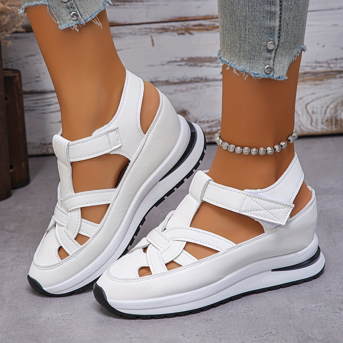 Women's fashion sneakers with solid color, platform heel, magic tape closure, man-made materials, and rubber outsole.