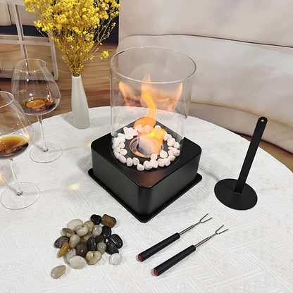 Modern Metal Bioethanol Fire Pit - Portable Tabletop Alcohol Fireplace with 2 Stone Choices, Comes with Base Mat & Gloves for Indoor/Outdoor Use