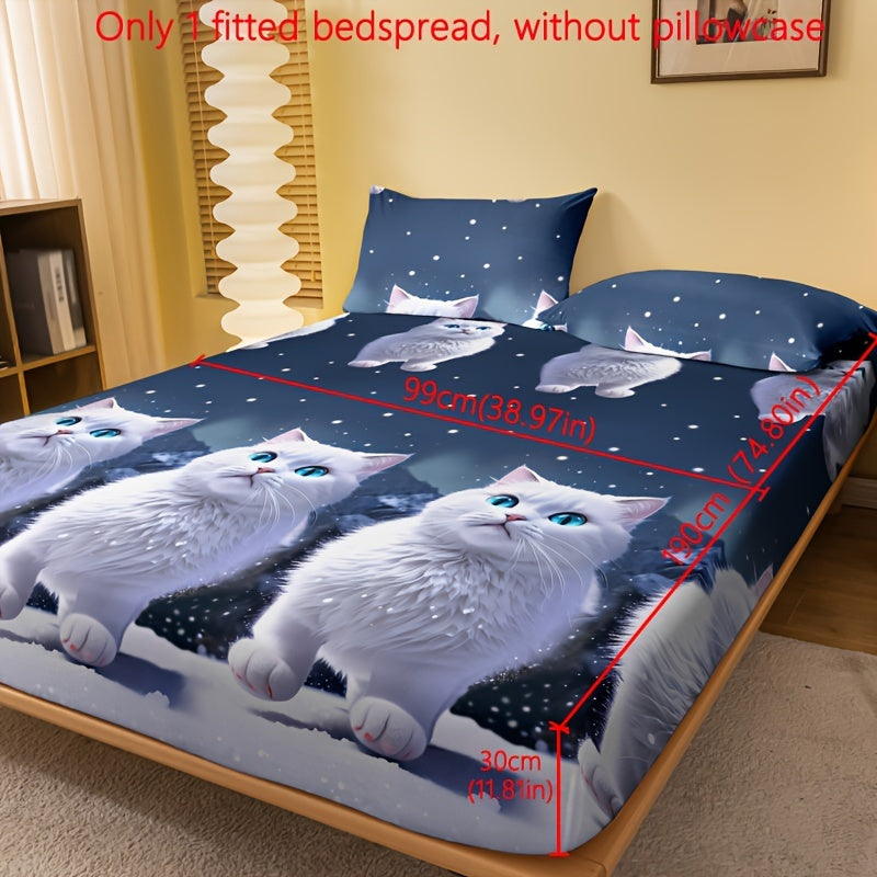 Soft and comfortable snow blue eyes white cat print fitted sheet, perfect for bedroom or guest room. This brushed fitted sheet comes with deep pockets and is designed as a mattress protector. Pillowcase not included. Get just the fitted sheet for a