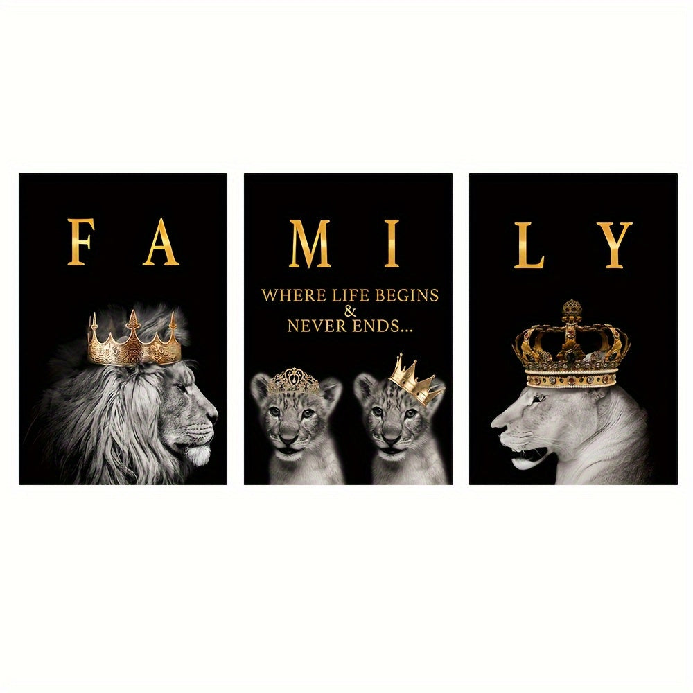 Modern abstract lion family canvas painting, 3 pieces, 15.7*23.6in/40cm*60cm, motivational quotes, frameless, for living room decor.