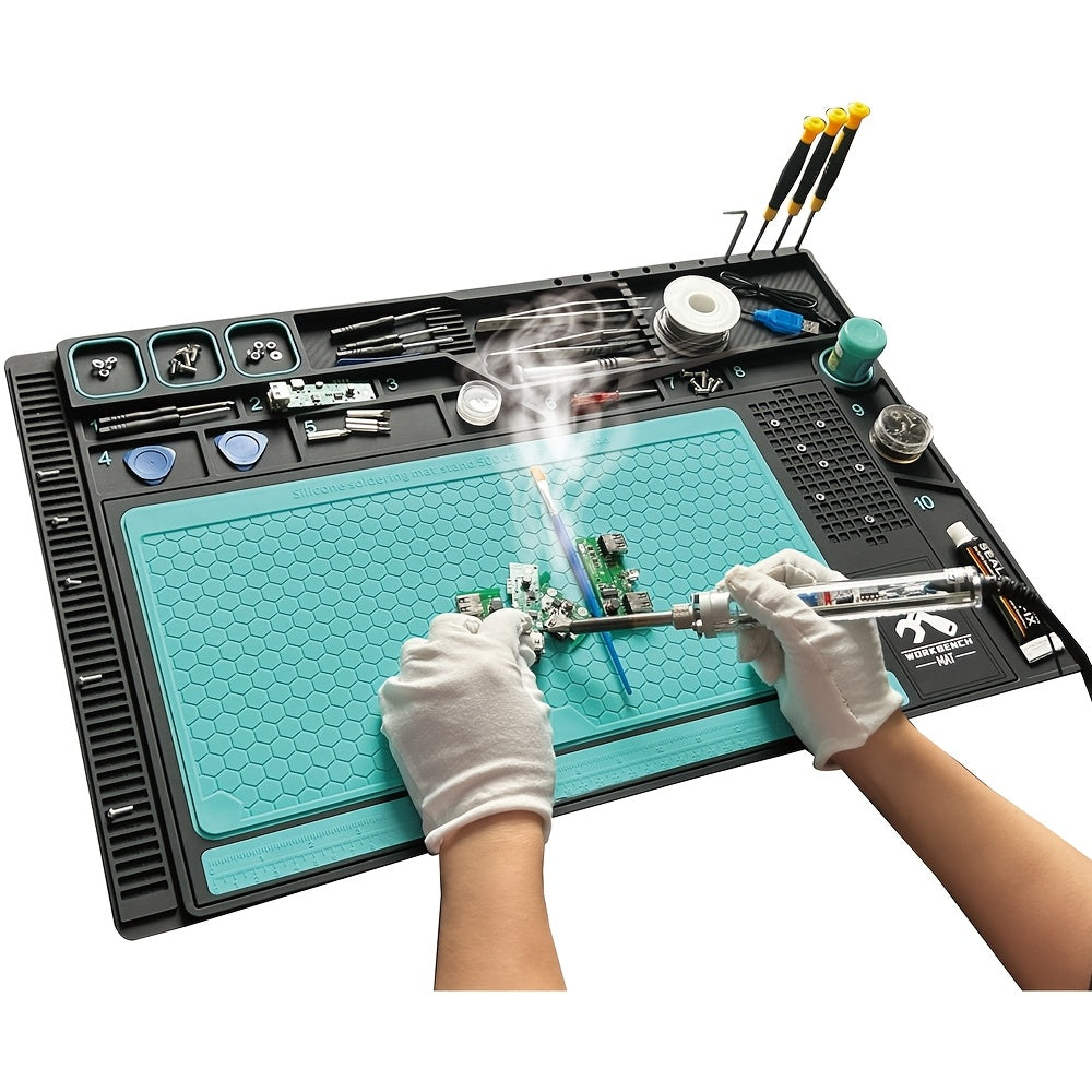 Silicone/PVC Soldering Mat Set with Anti-slip Insulation and Magnetic Heat Resistant Properties for Workbench Maintenance Tools.