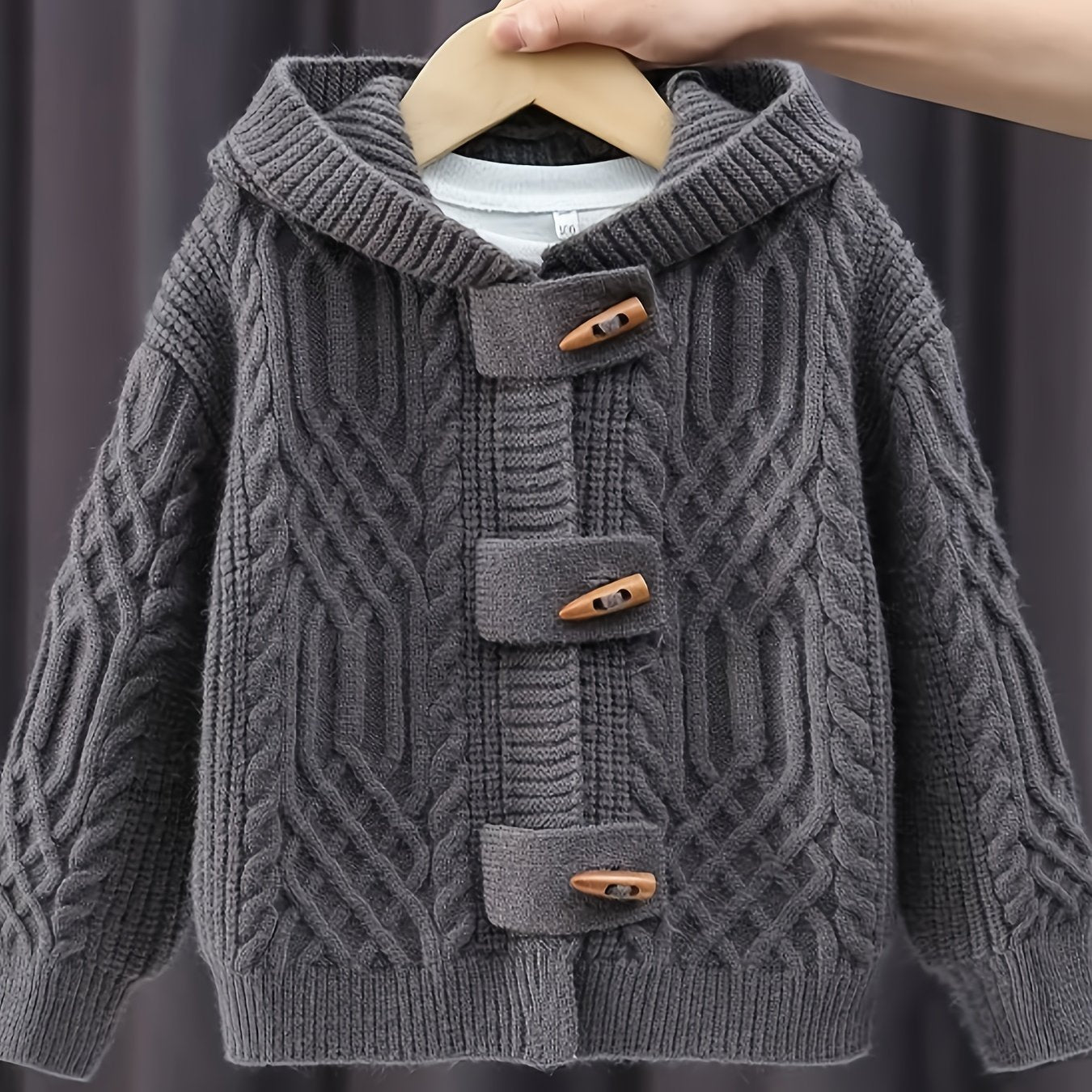 Boys' Cozy Knit Cardigan - Thick and warm hooded sweater for fall/winter with casual style, button-up front, and long sleeves.