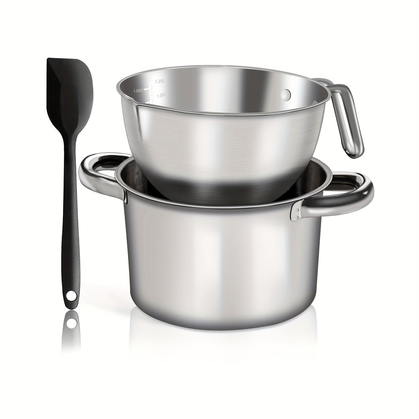 Get two pots for melting different substances: a 1250ML/1.1QT mixing bowl for chocolate and a 2200ML/2QT 304 stainless steel pot with a silicone spatula for melting chocolate, candy, candles, soap, wax, and other cookware needs.