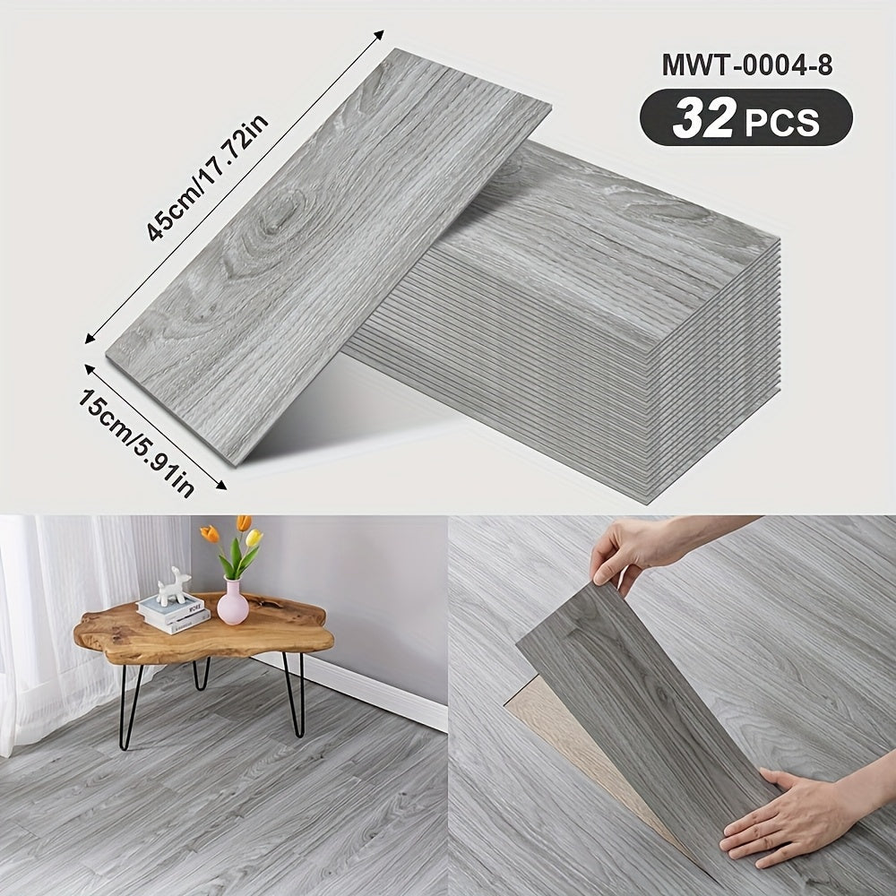 32 peel and paste floor tiles with wood grain design, 45cmx15cm, self-adhesive, waterproof, suitable for bedroom and home decor.