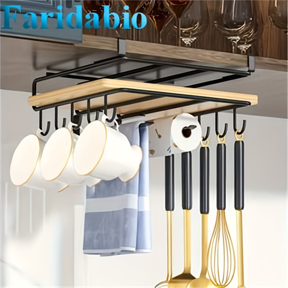 Stainless steel cabinet organizer with hanging rack for cutting board and kitchen essentials.