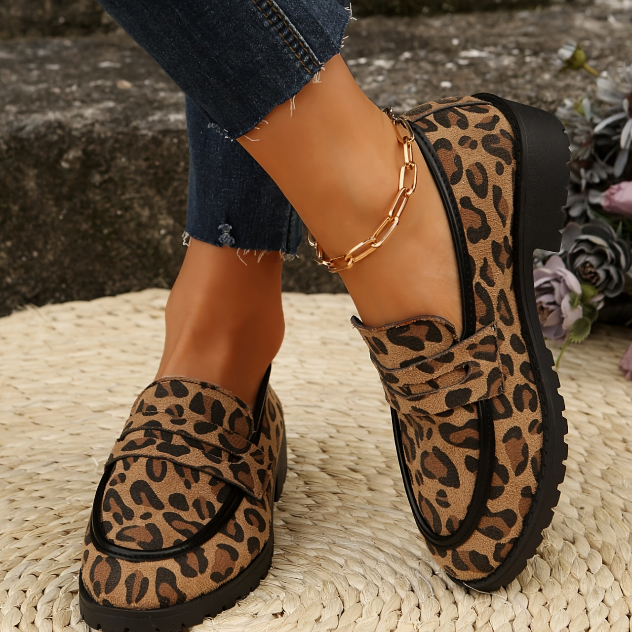 Leopard Print Loafers: Slip-On flats with round toe, fabric upper, rubber sole, faux cover insole. Versatile shoes perfect for all seasons, with a stylish Korean and British fashion design.