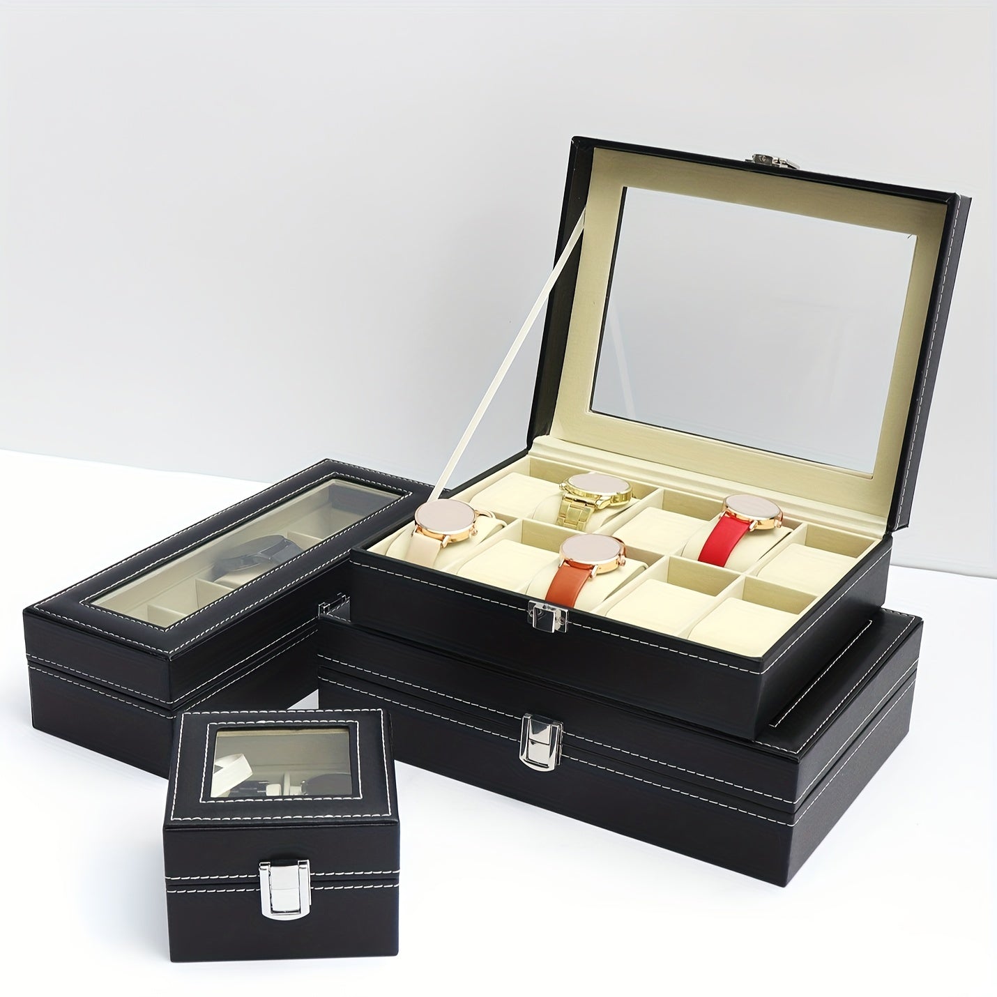 1 piece of PU Leather Watch Storage Box available in 2, 6, 10, or 12-digit options. Perfect for displaying wrist watches and makes an ideal gift choice.