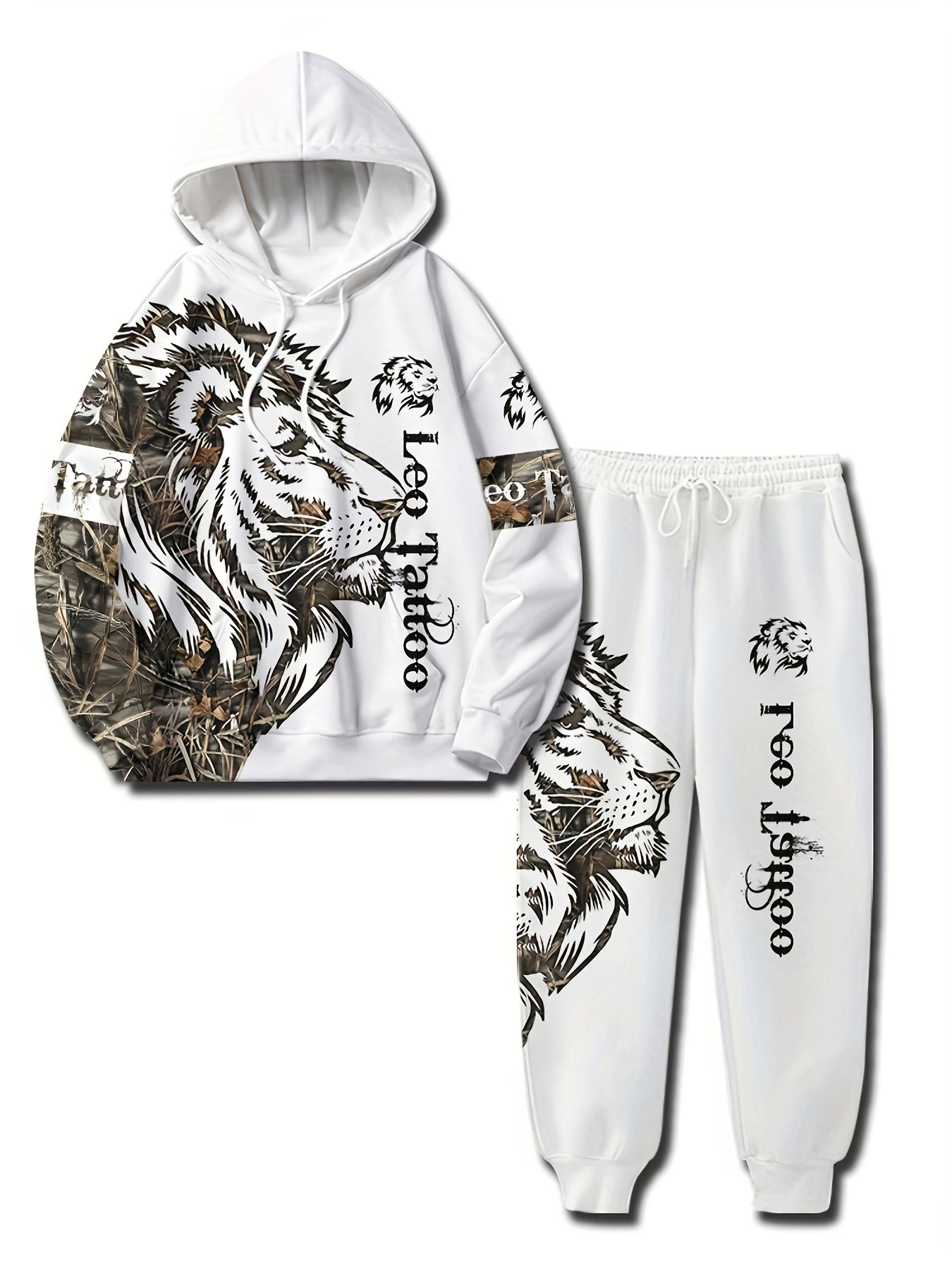 Men's polyester tracksuit set with geometric lion print, 3D digital print sweatshirt and pants, slight stretch fabric, ideal for casual spring/fall wear.