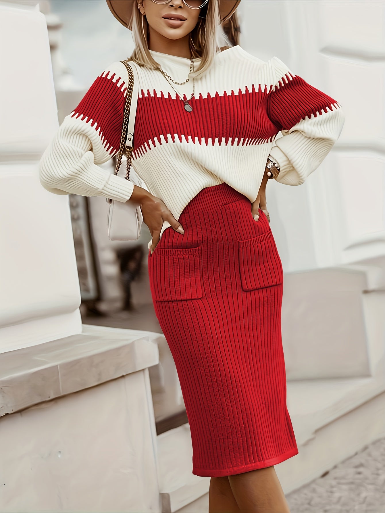 Casual ribbed two-piece set with color block knit sweater and solid midi skirt.